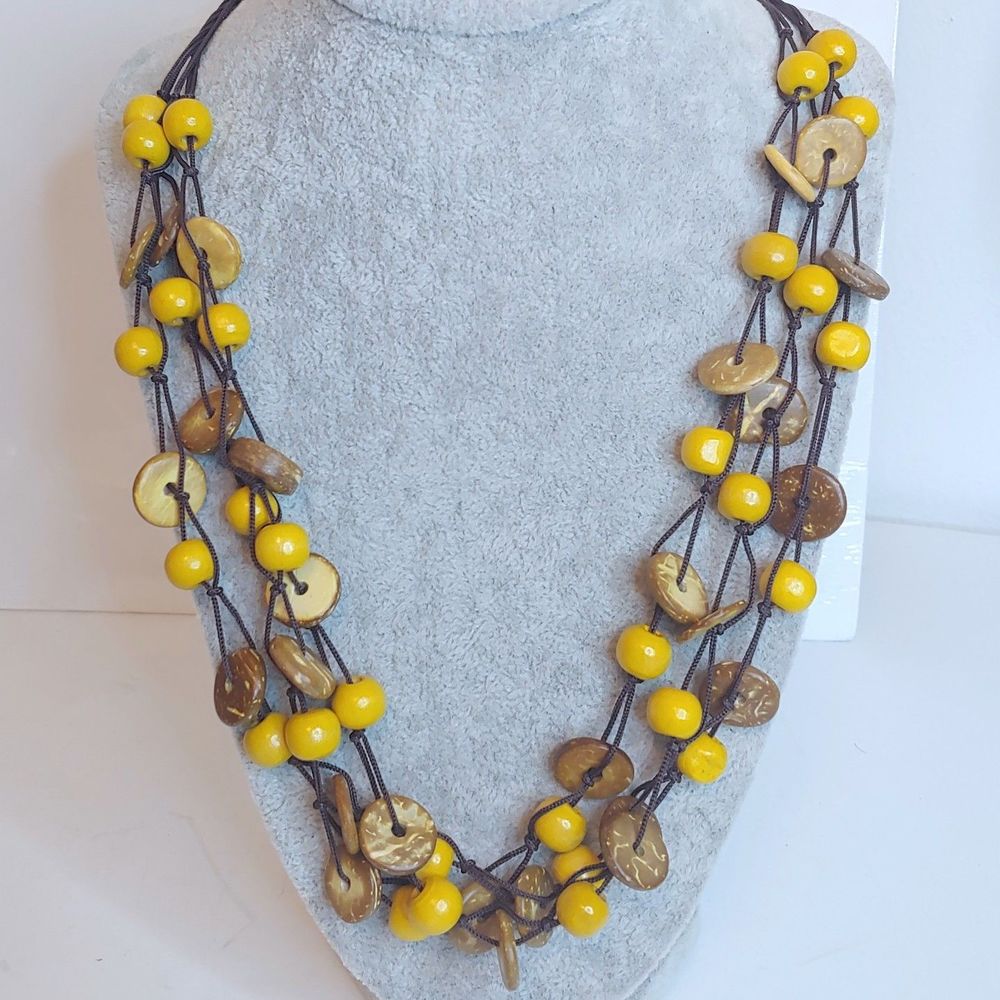 Boho Style Yellow Wooden Beads, Brown Plastic Discs on Brown Cord Necklace